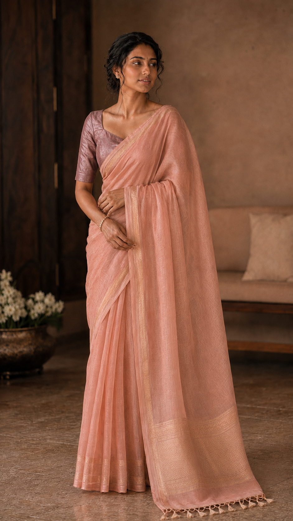 Peach Pink Kota Tissue Saree