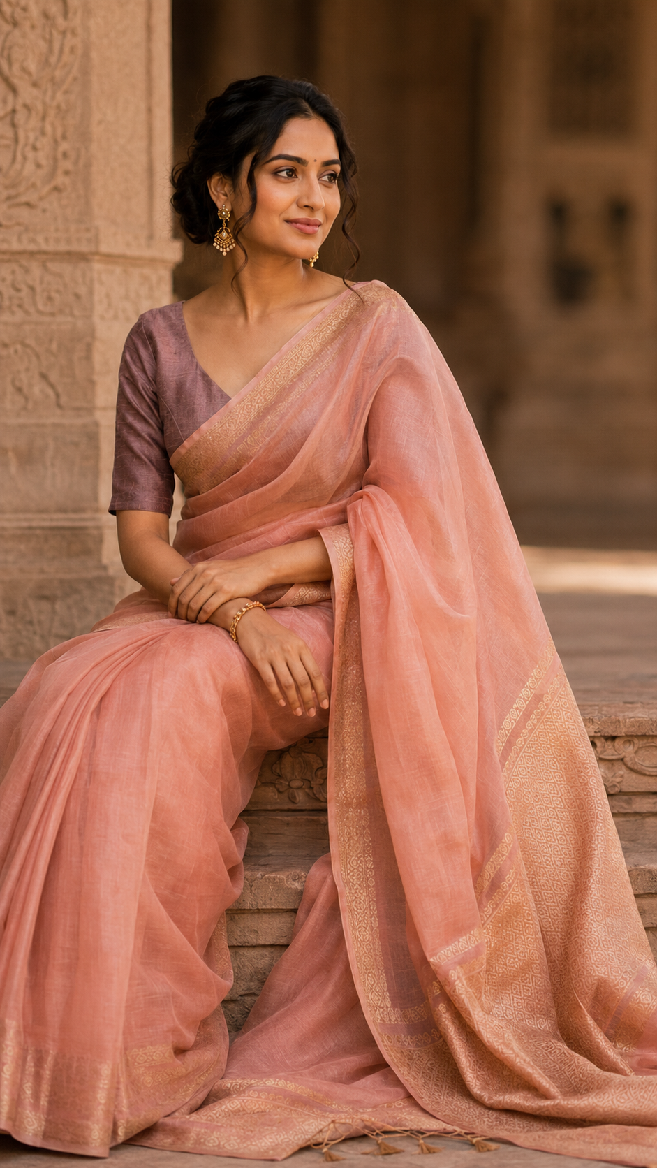 Peach Pink Kota Tissue Saree