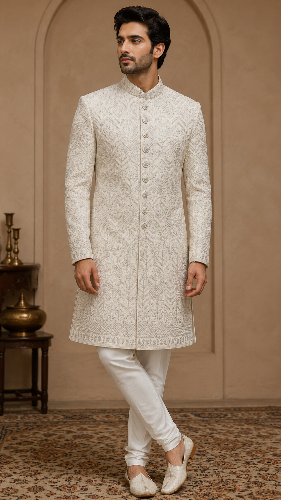Off-White Embroidered Silk Sherwani