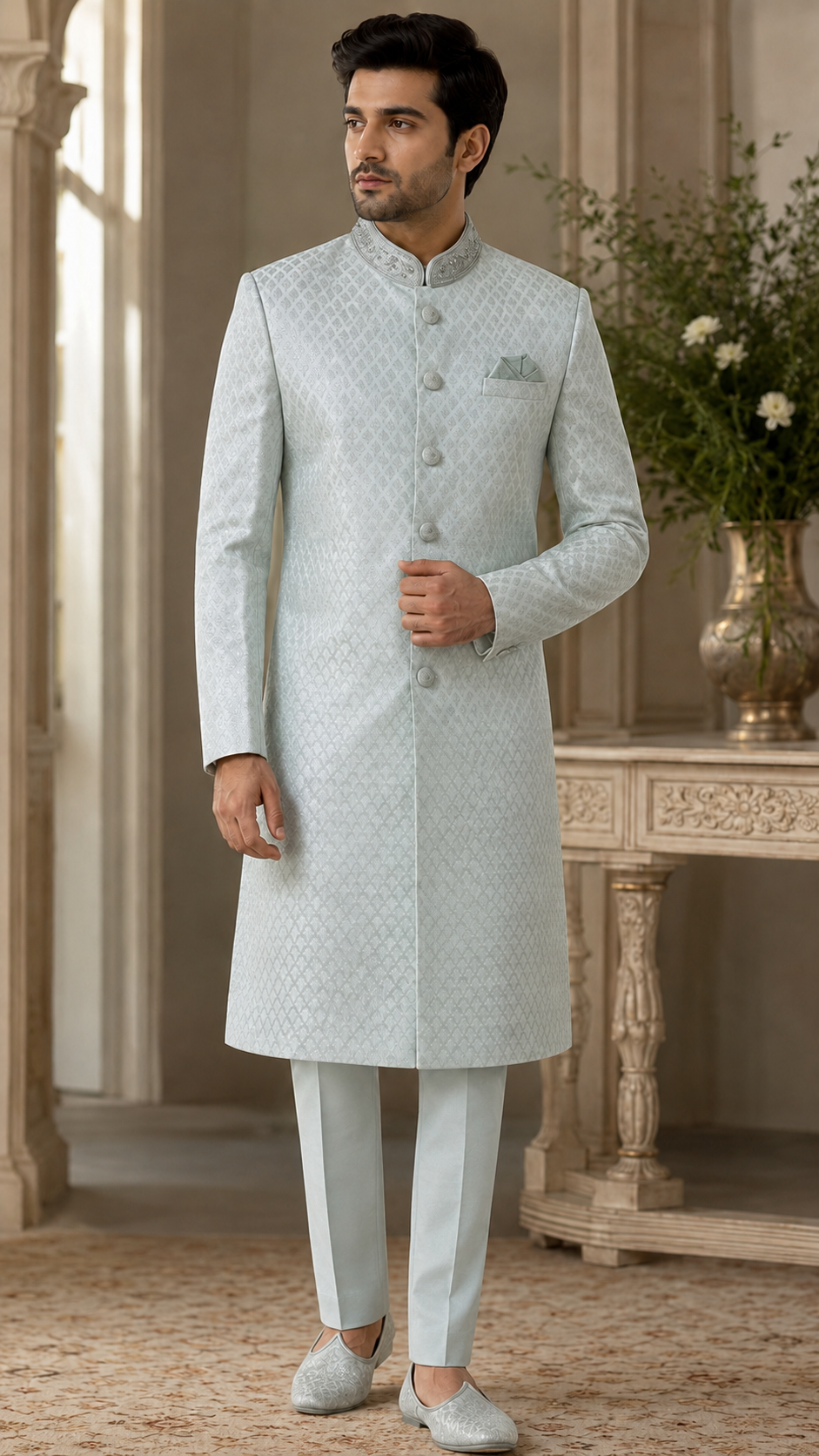 Light Blue Woven Silk Sherwani