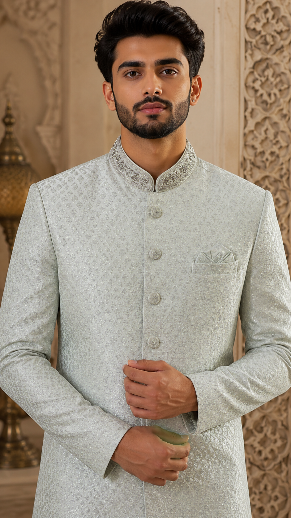 Light Blue Woven Silk Sherwani