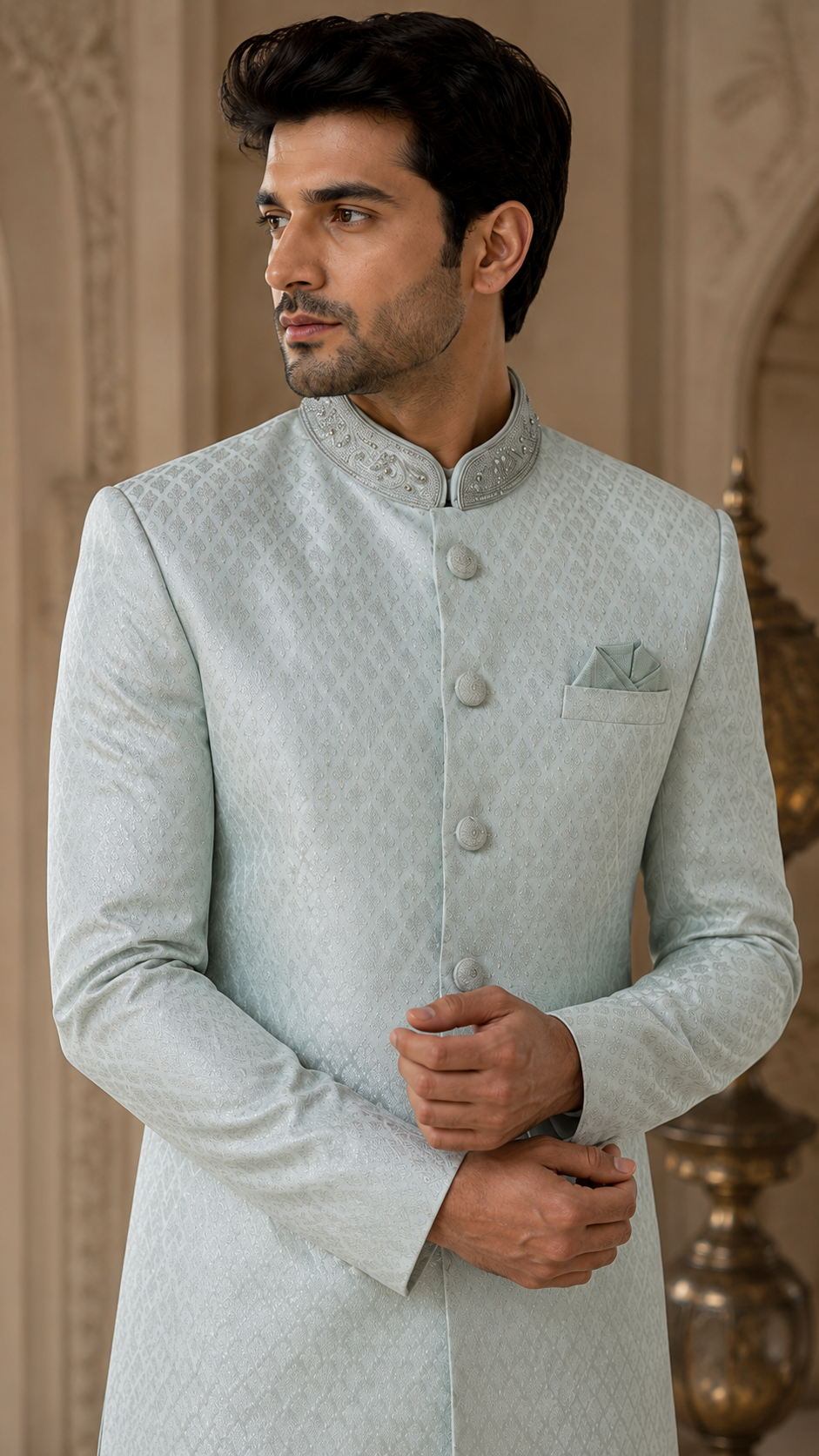 Light Blue Woven Silk Sherwani