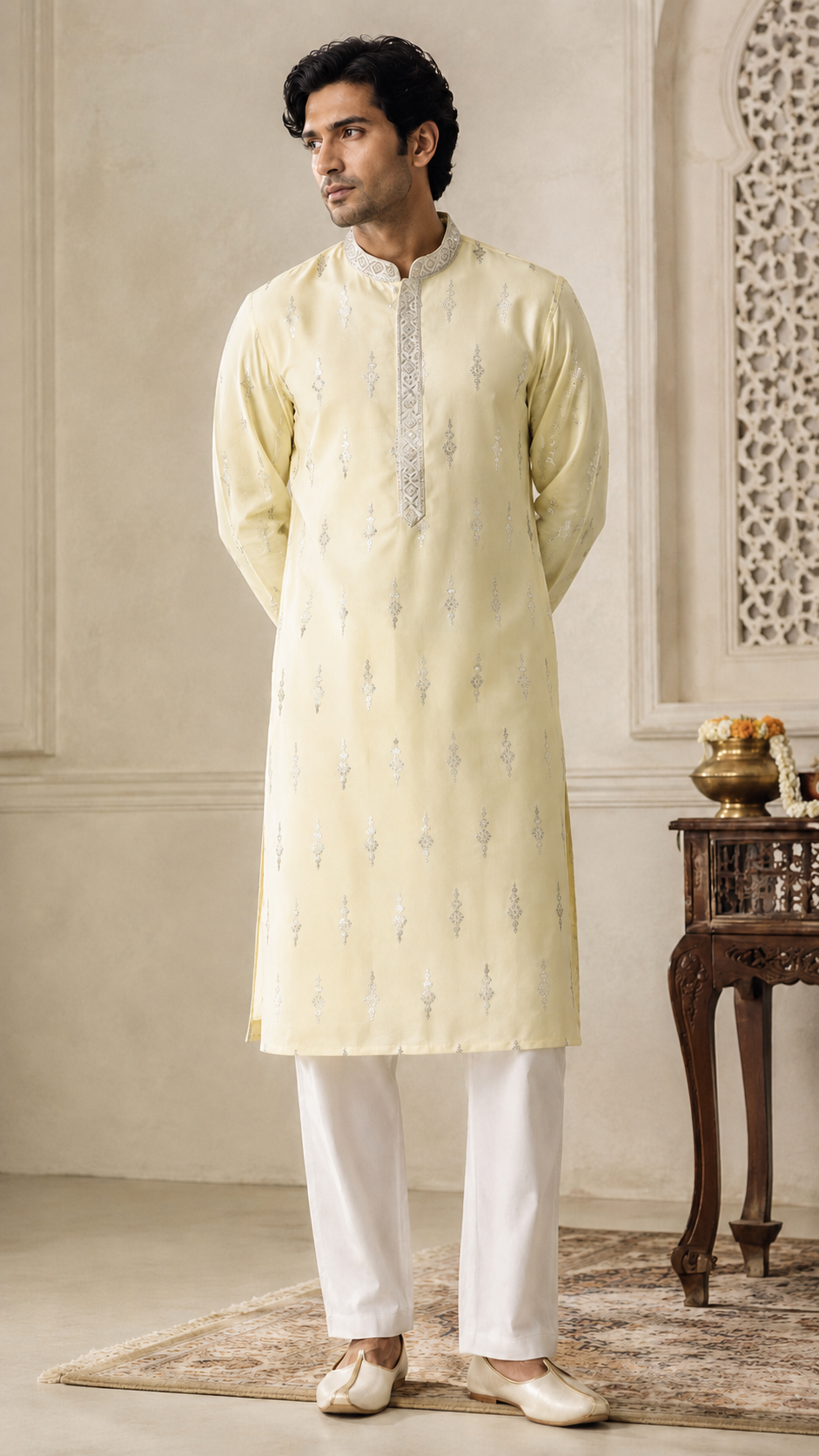 Yellow Embroidered Cotton Silk Kurta Set