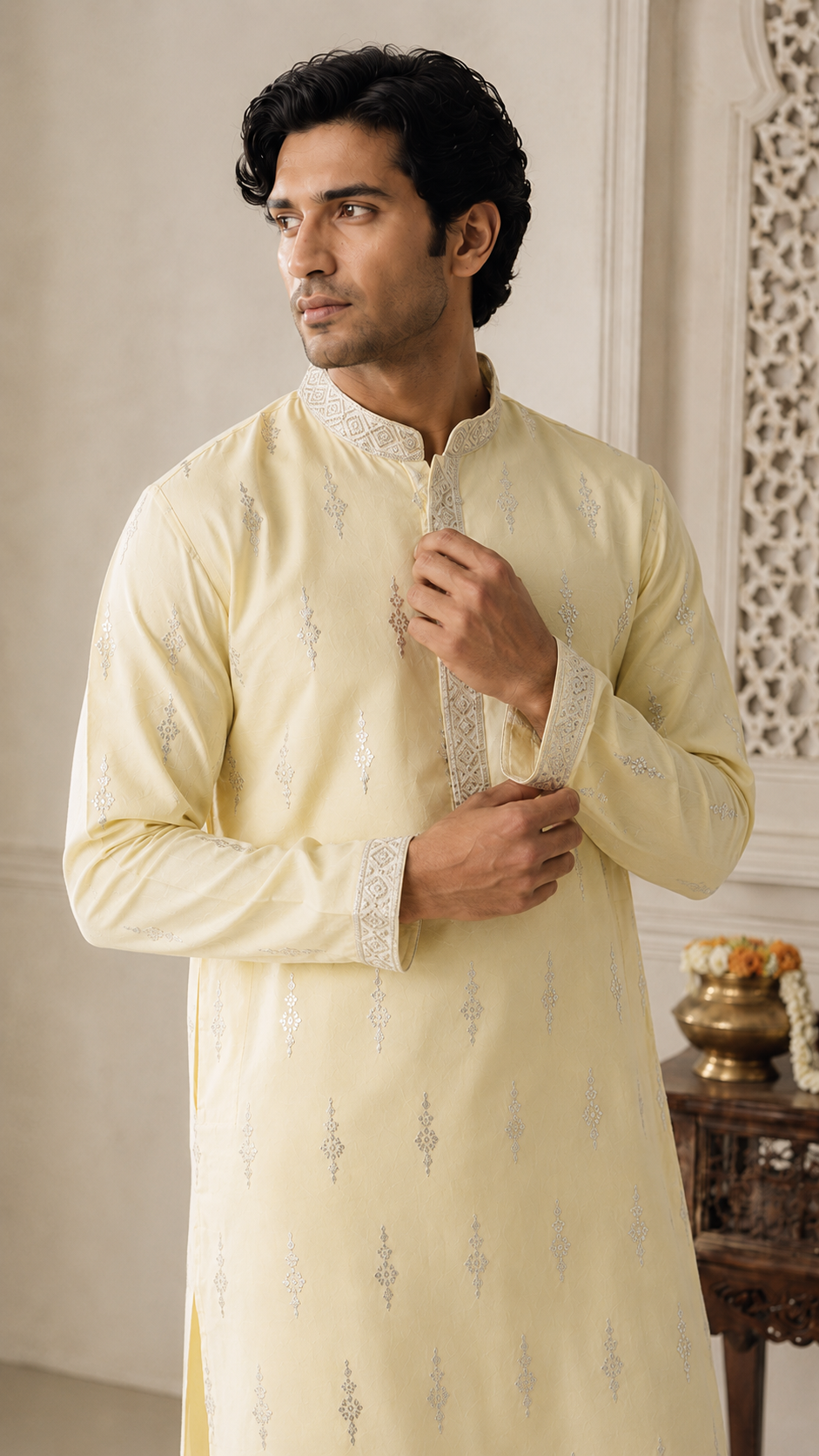 Yellow Embroidered Cotton Silk Kurta Set