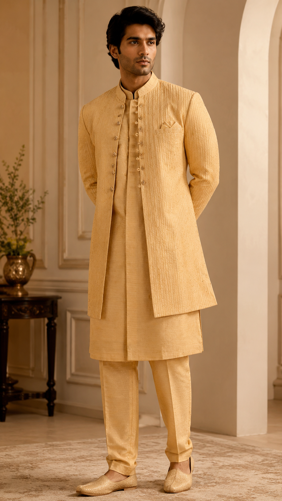Light Gold Silk Kurta Set