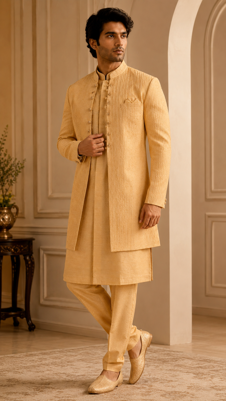 Light Gold Silk Kurta Set