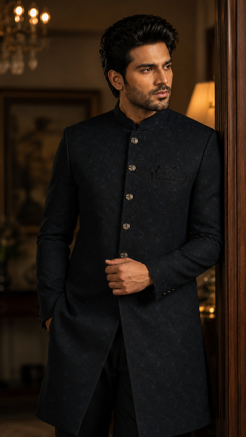 Navy Blue Silk Sherwani