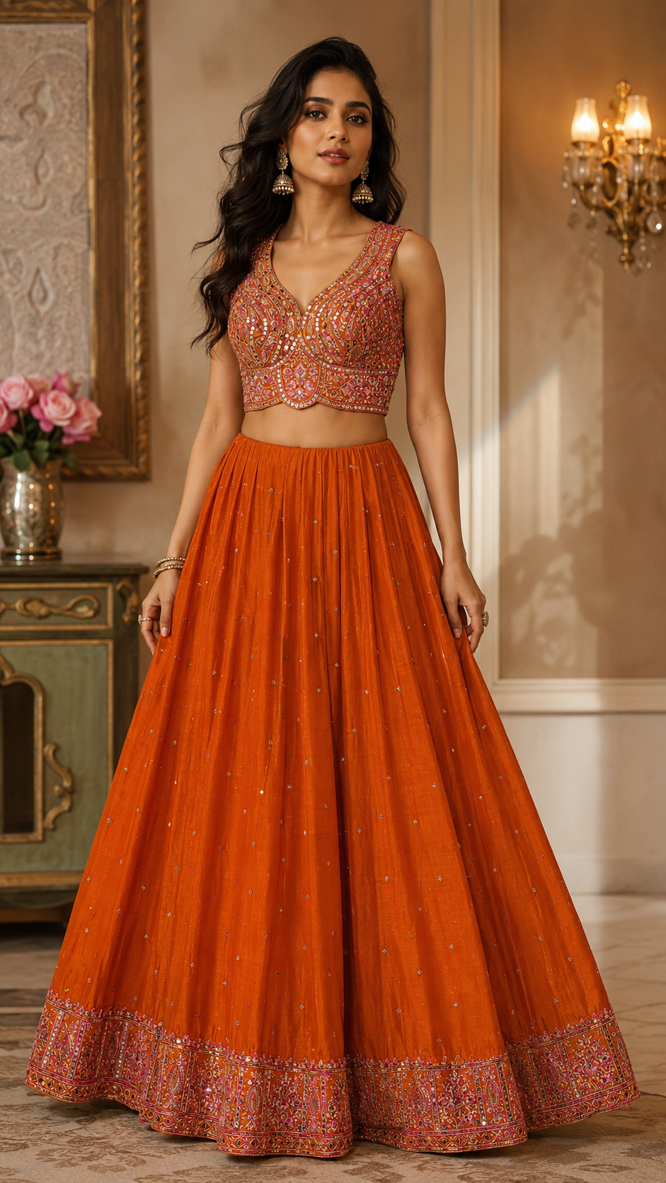 Burnt Orange Mirror Work Lehenga