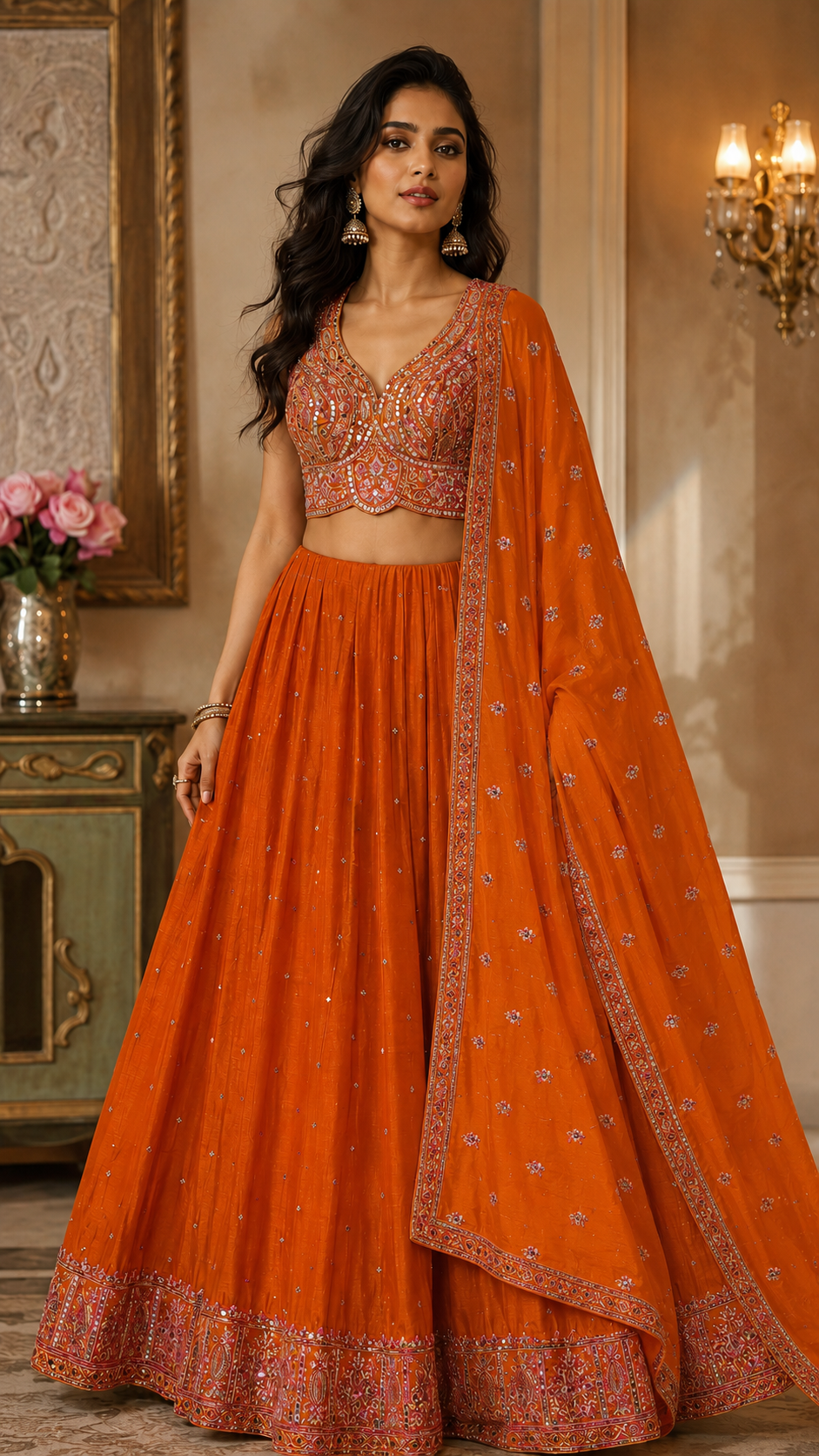 Burnt Orange Mirror Work Lehenga
