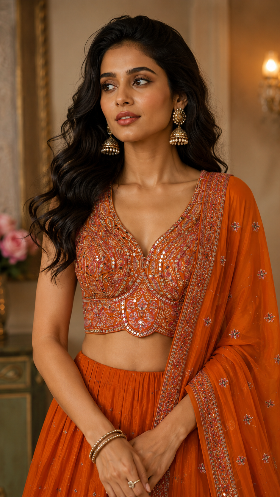 Burnt Orange Mirror Work Lehenga