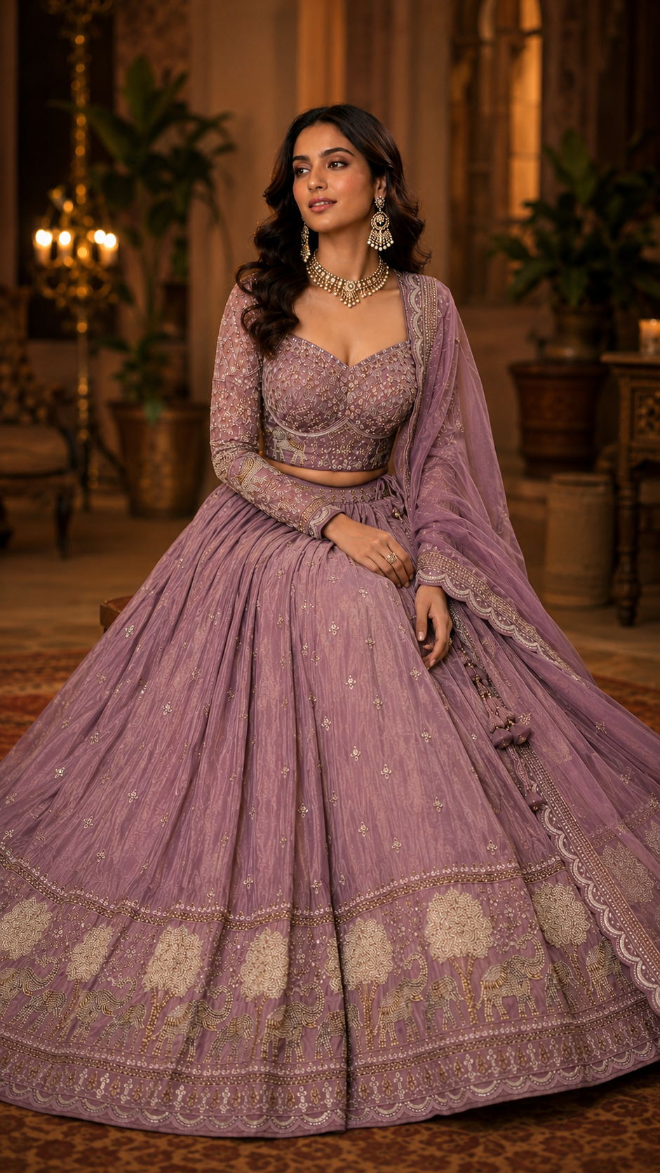 Purple Crepe Silk Embroidered Lehenga