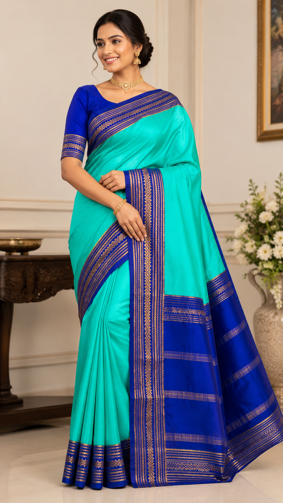 Aqua & Royal Blue Mysore Silk Saree