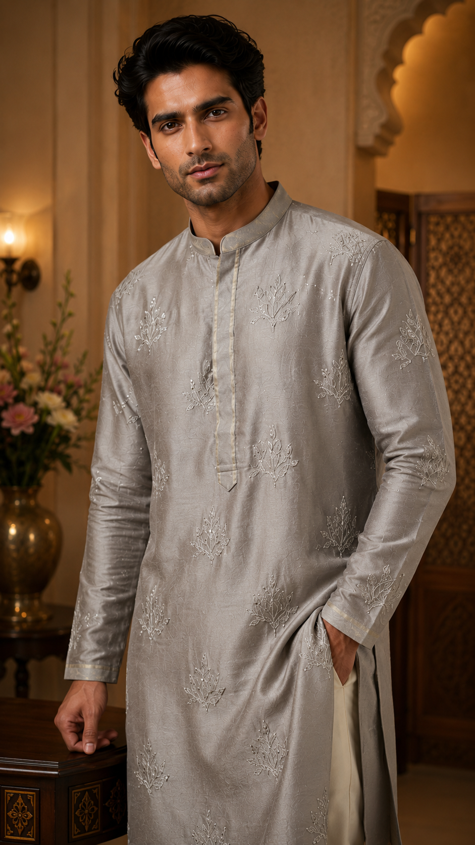 Grey Silk Embroidered Kurta Set
