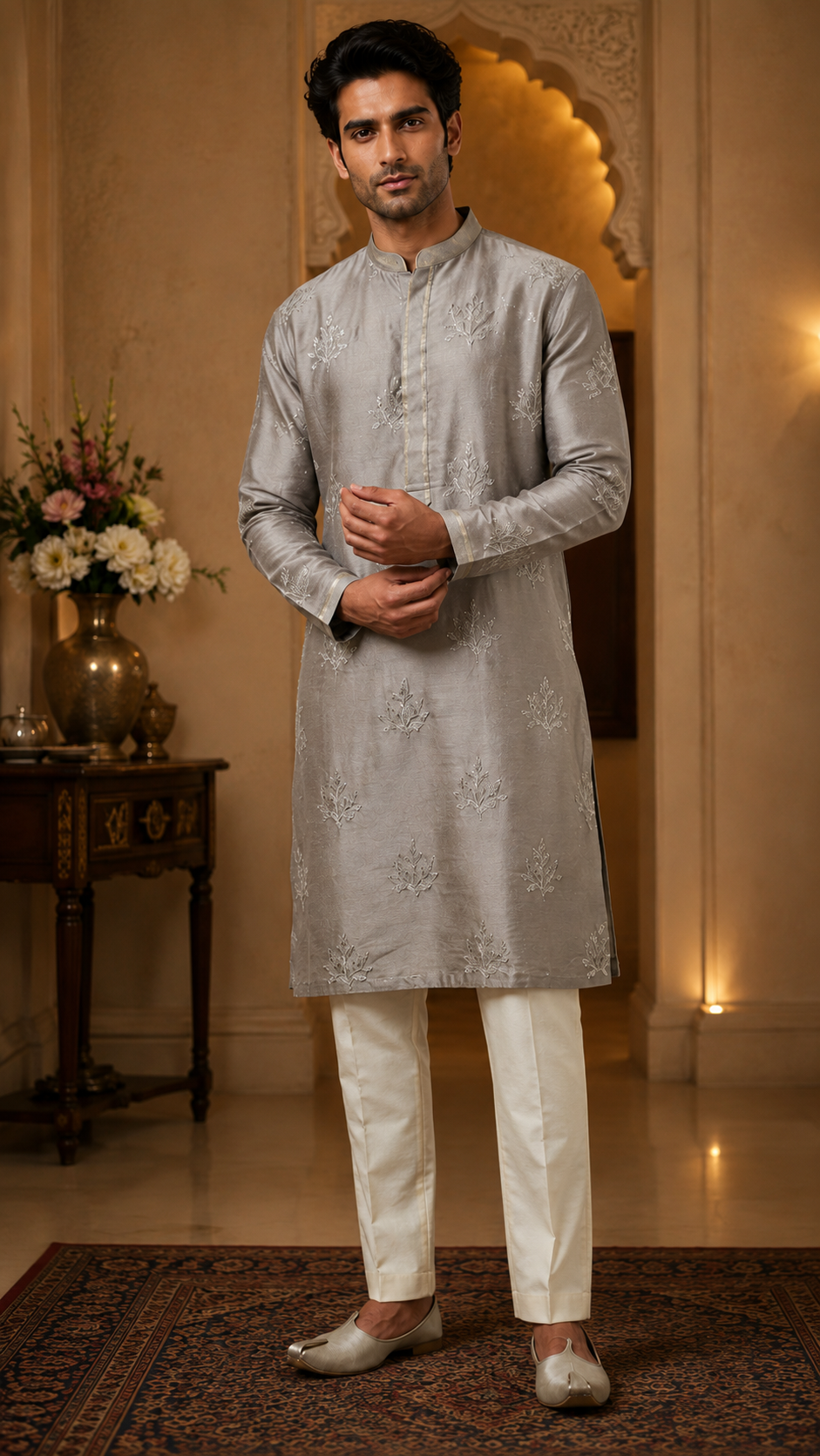 Grey Silk Embroidered Kurta Set