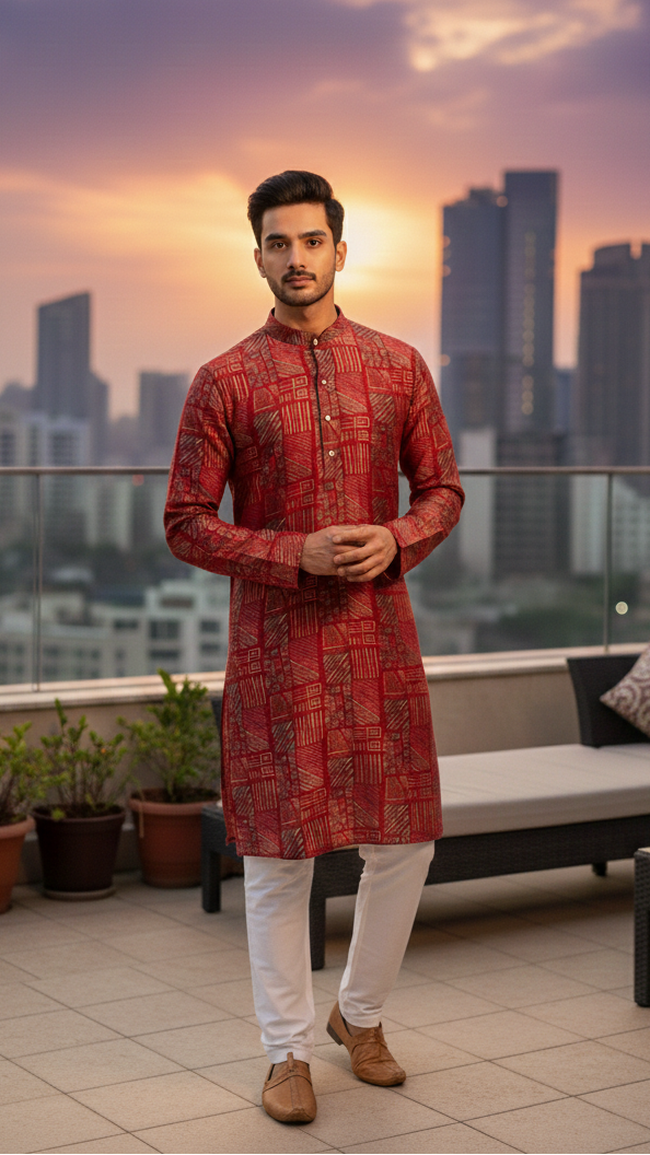 Red Abstract Kurta Set