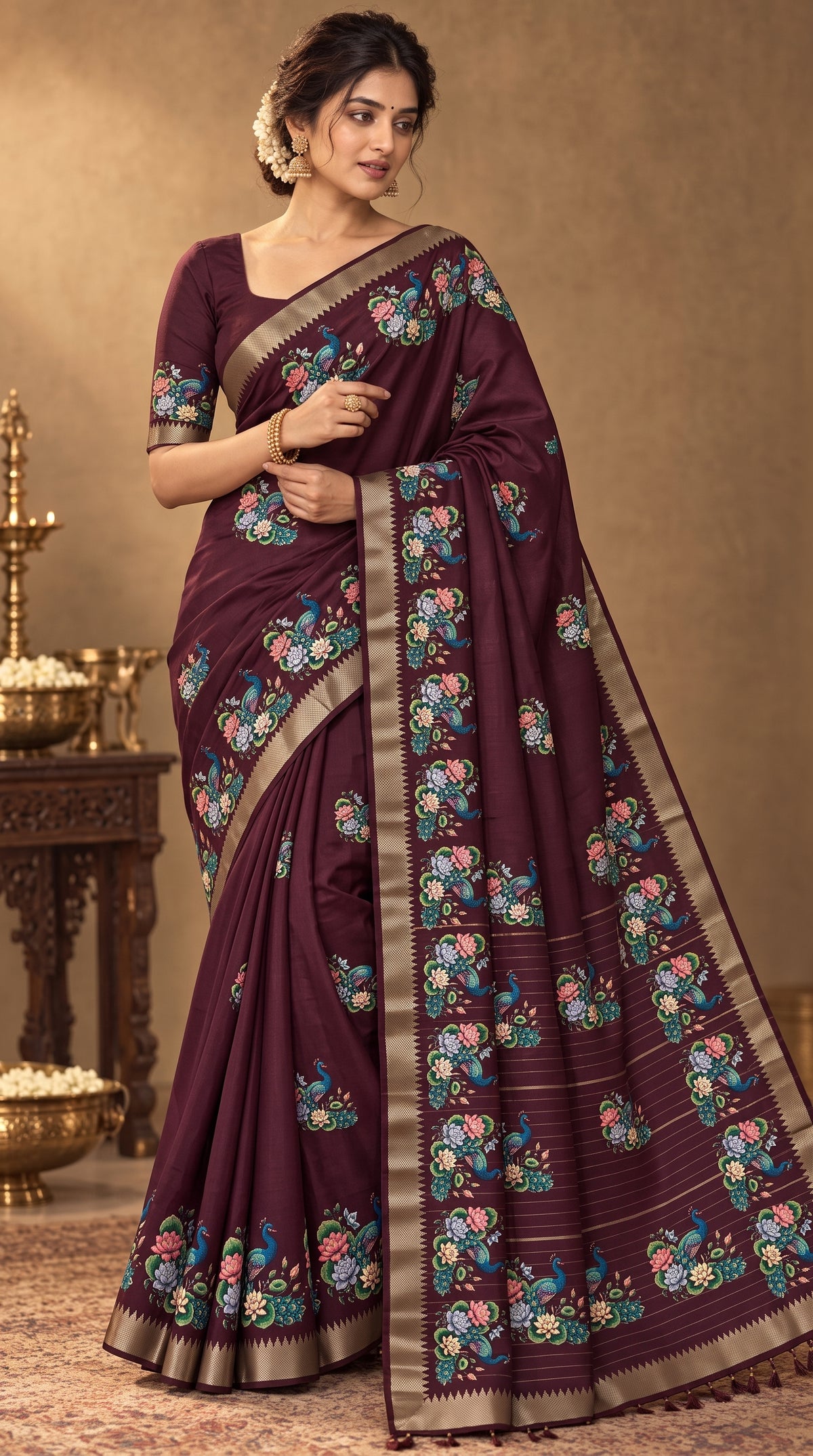 Wine Mangalgiri SIlk Saree