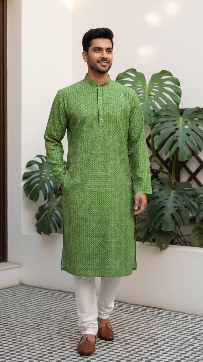 Green Dotted Weave Kurta Set