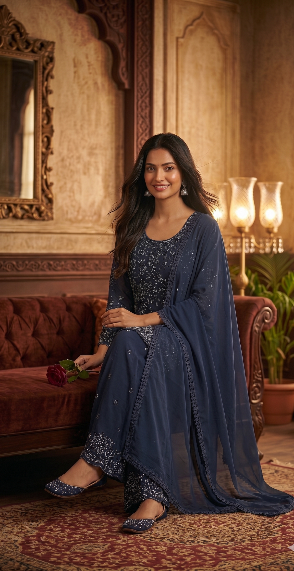 Navy Blue Silk Sharara Suit