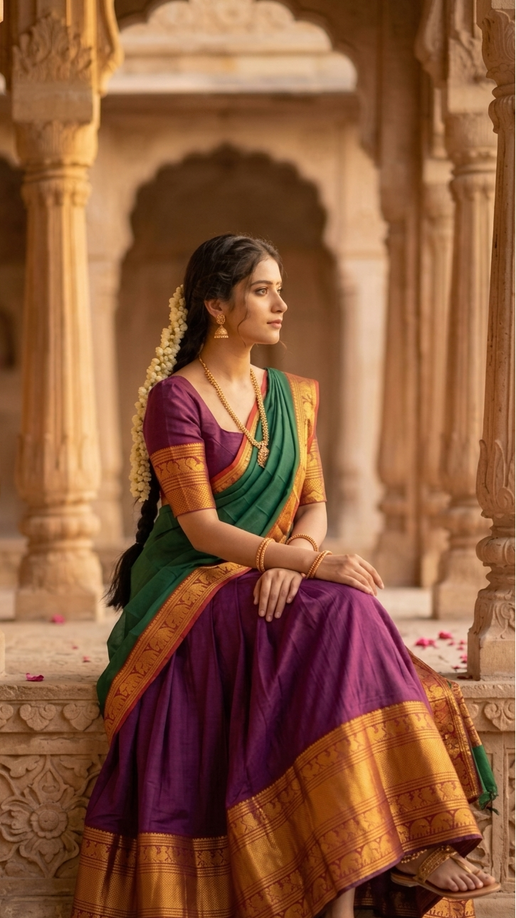 Magenta & Green Narayapet Half Saree