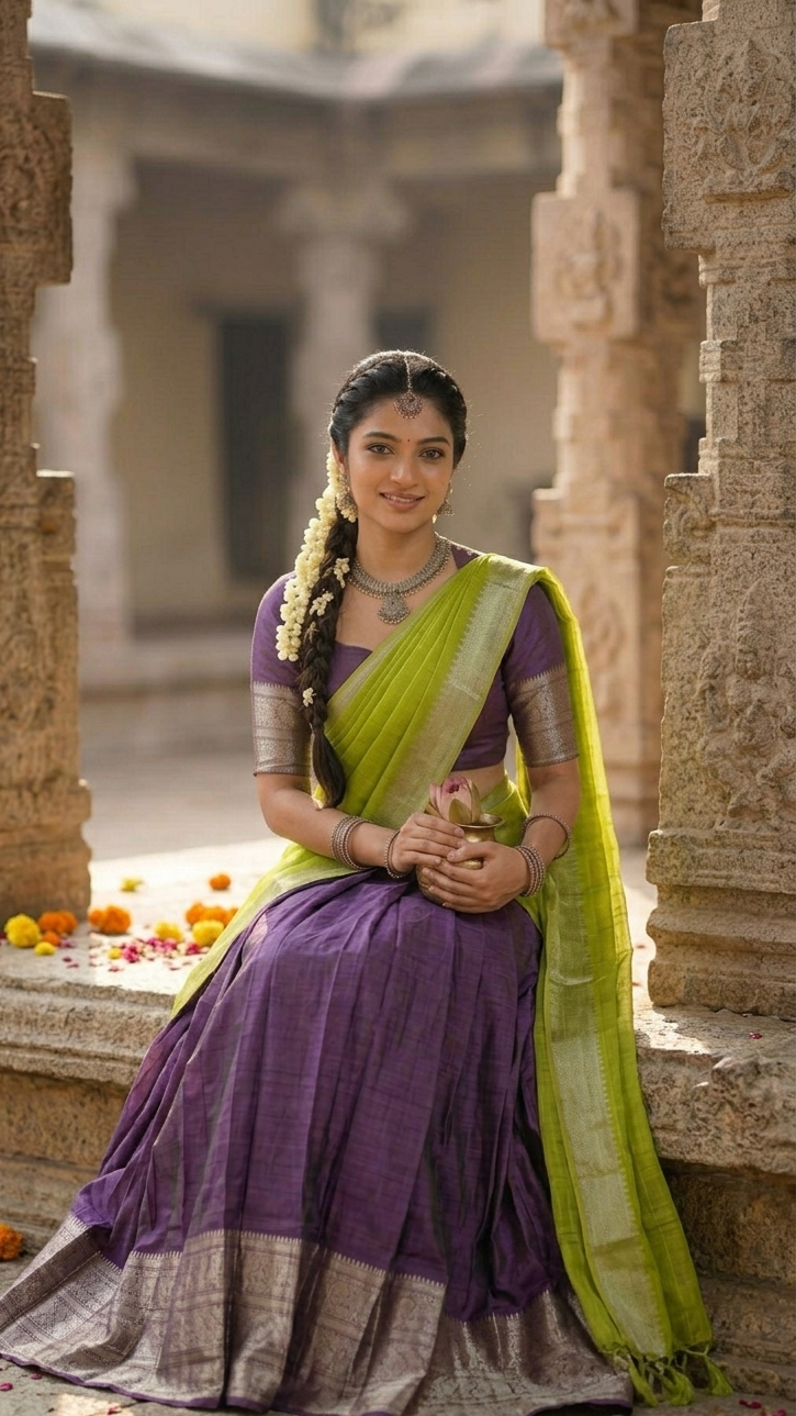 Lavender & Lime Green Half Saree