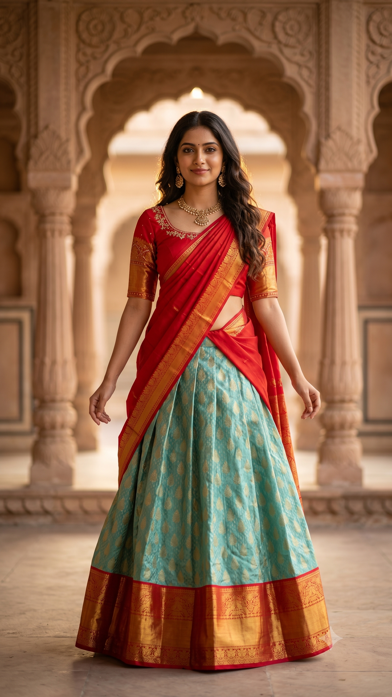 Sky Blue & Red Kanchi Half Saree