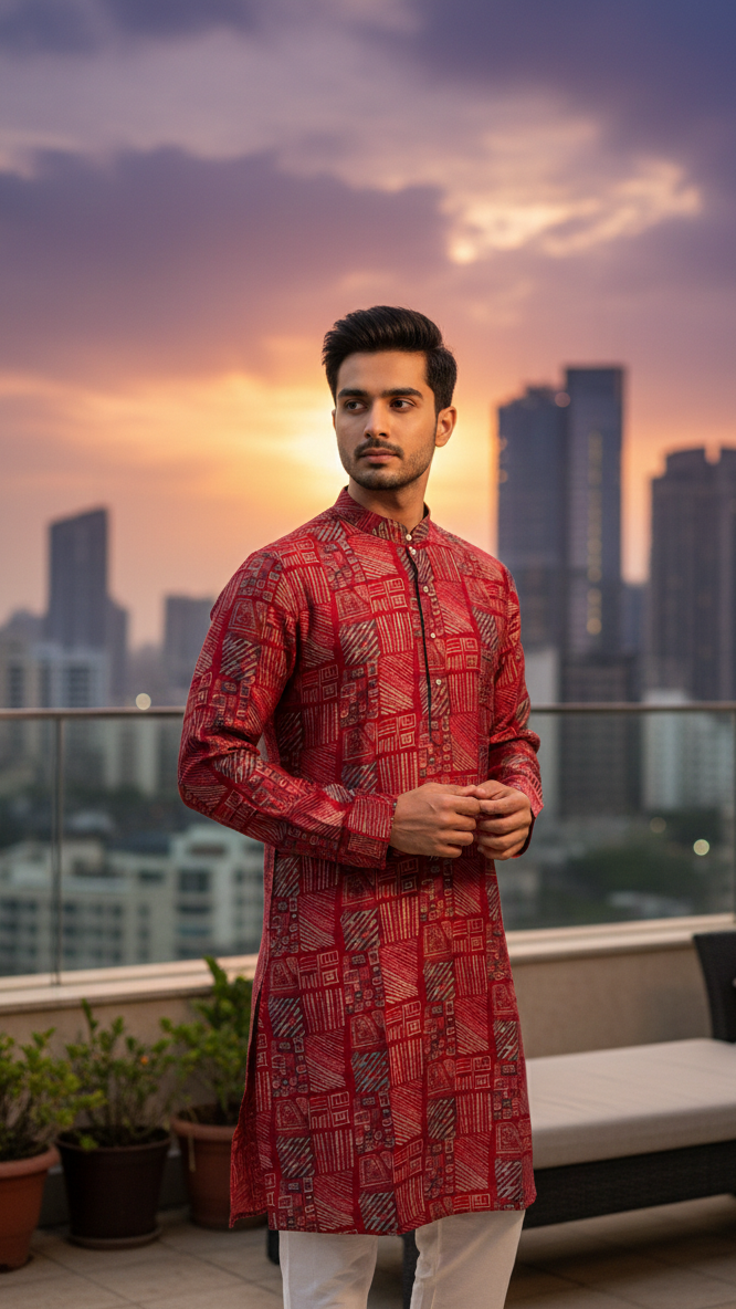 Red Abstract Kurta Set
