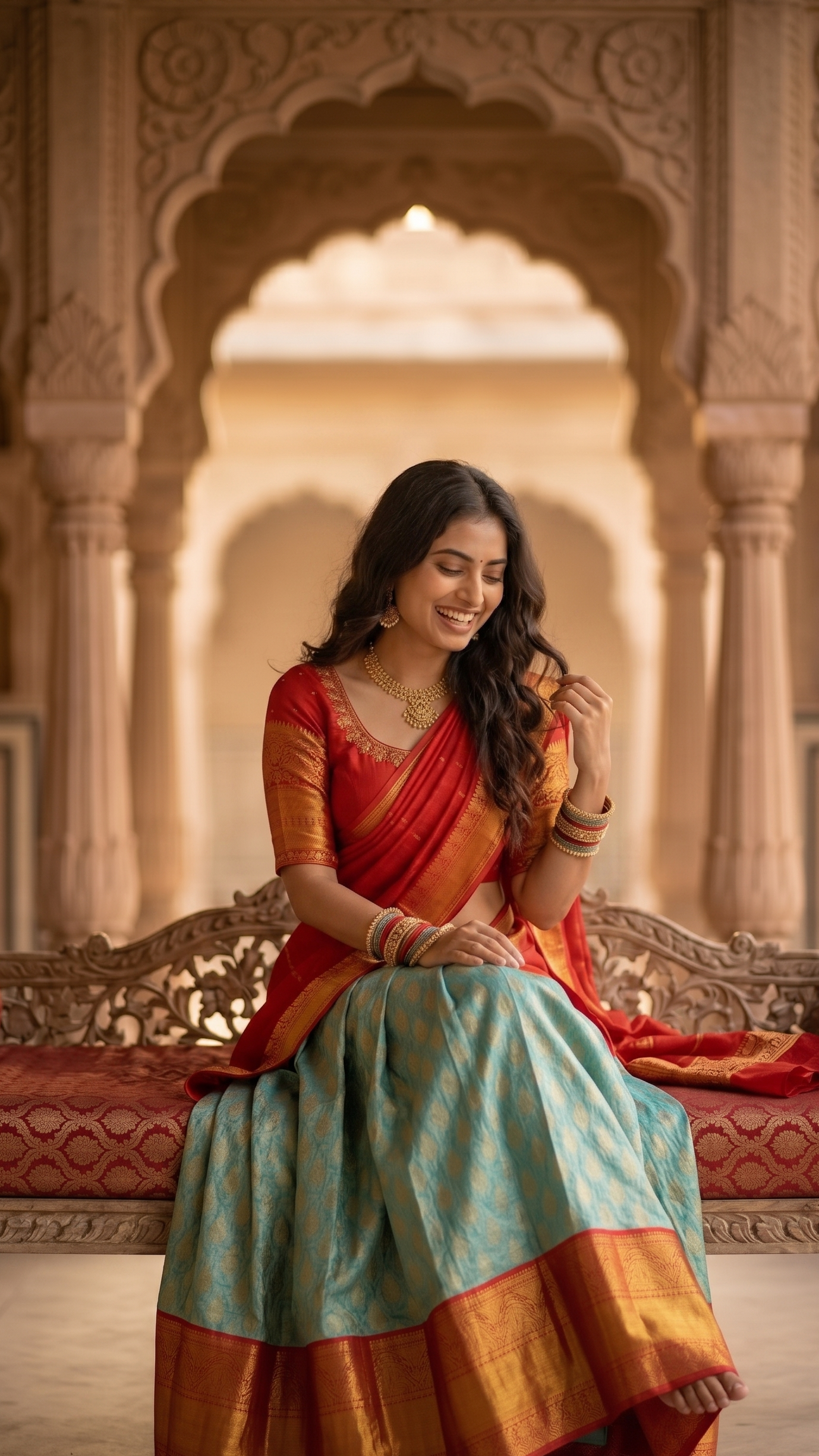 Sky Blue & Red Kanchi Half Saree