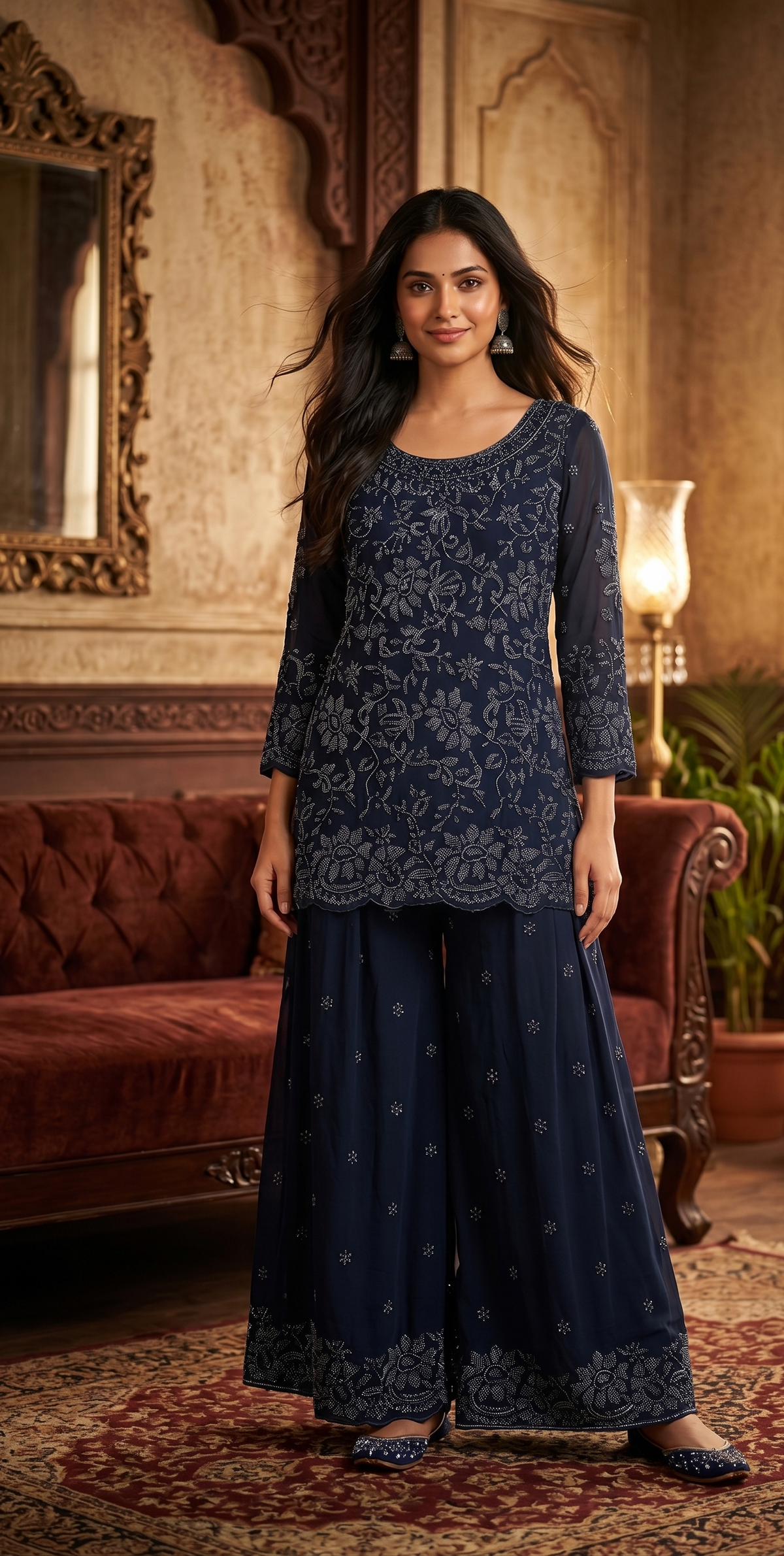 Navy Blue Silk Sharara Suit
