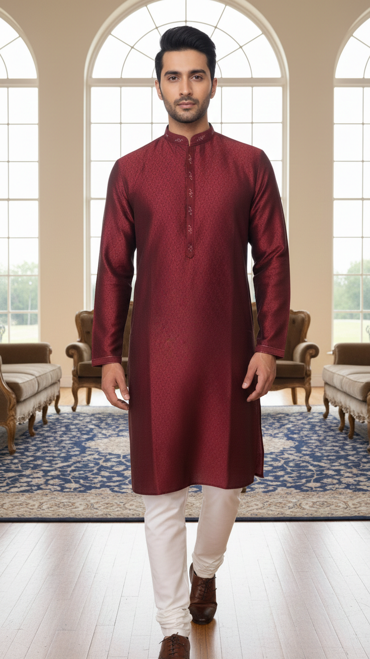 Burgundy Silk Kurta Set