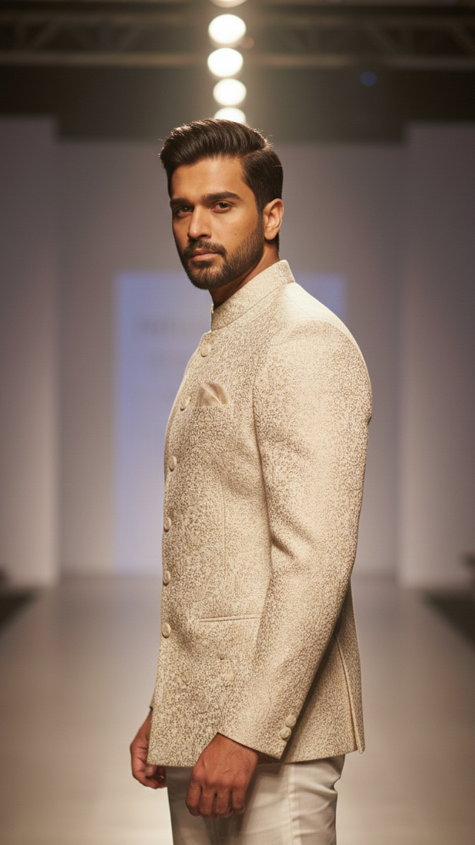 Cream Jackard Jodhpuri Set
