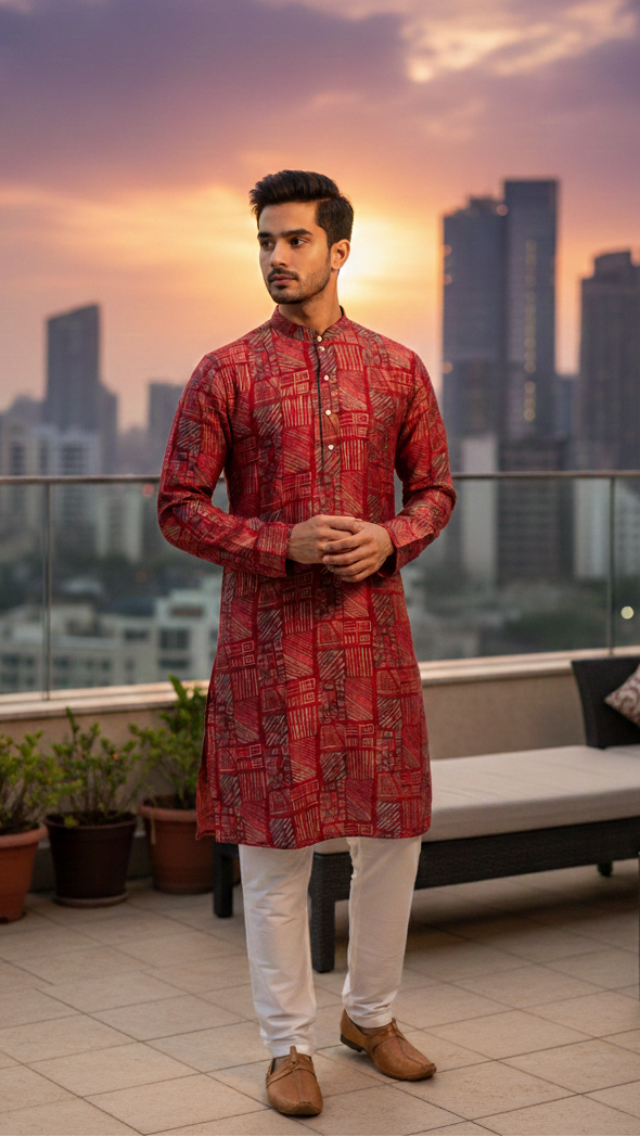 Red Abstract Kurta Set