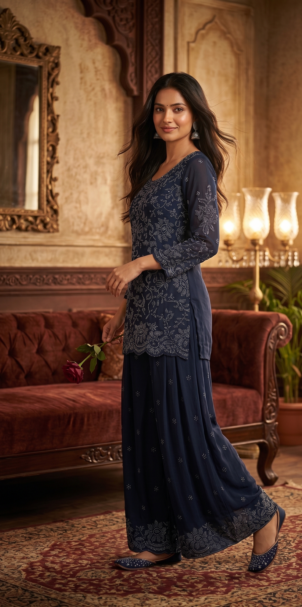 Navy Blue Silk Sharara Suit