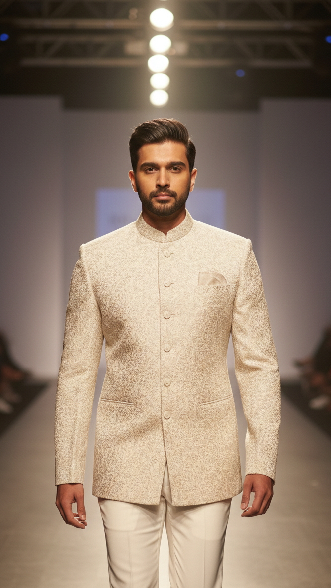 Cream Jackard Jodhpuri Set