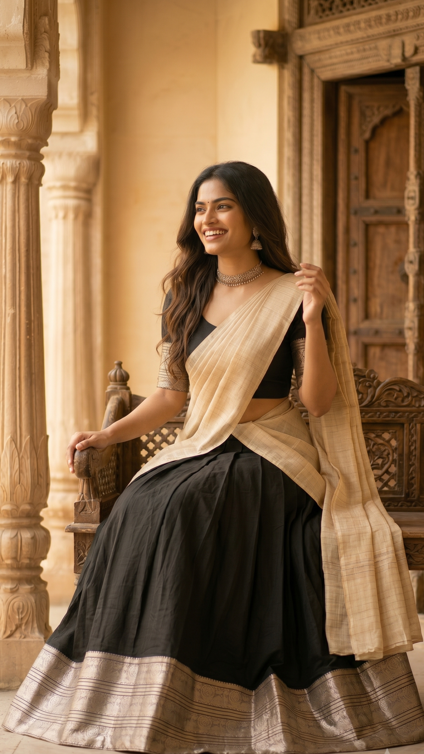 Black & Beige Half Saree