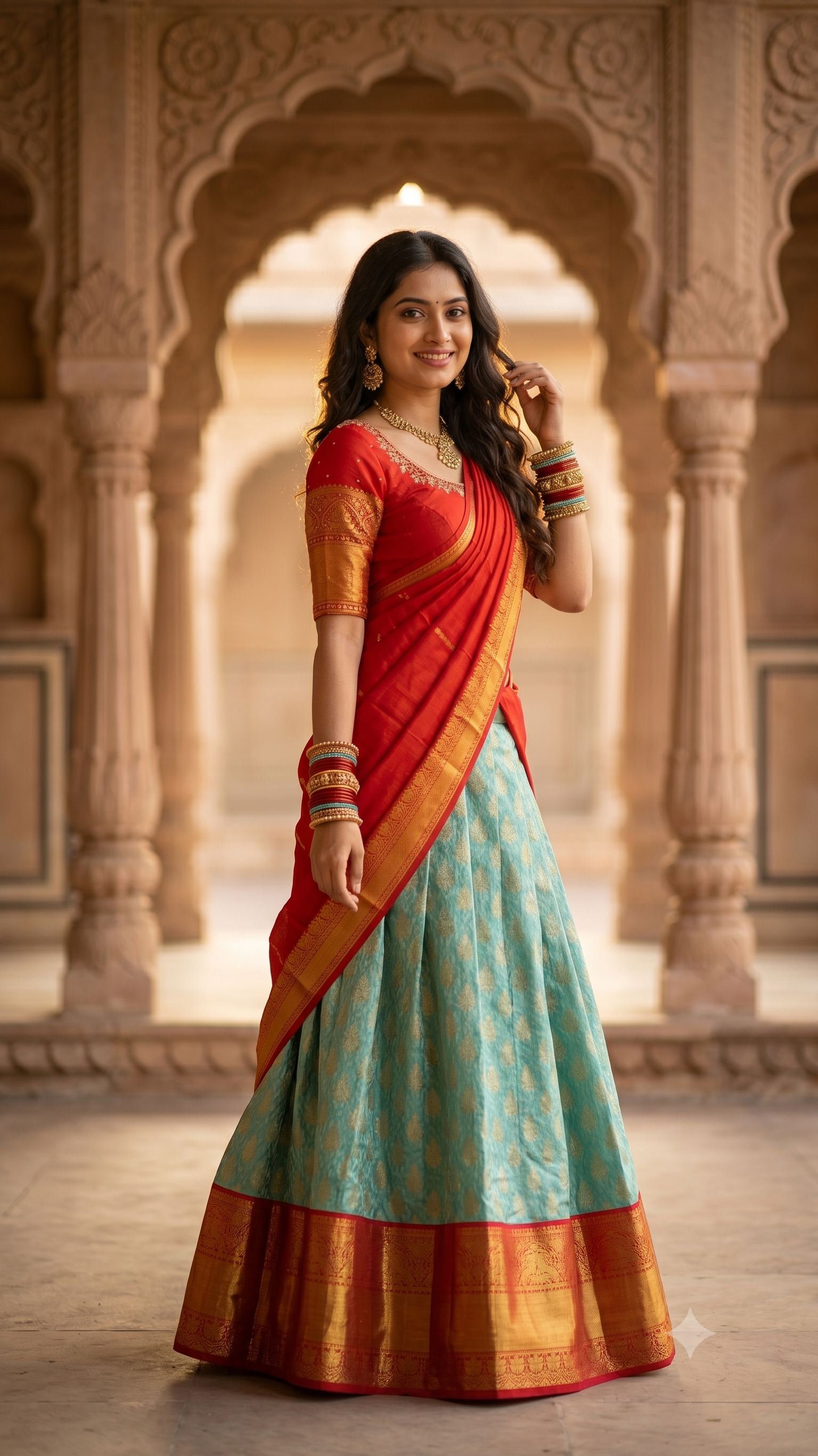 Sky Blue & Red Kanchi Half Saree