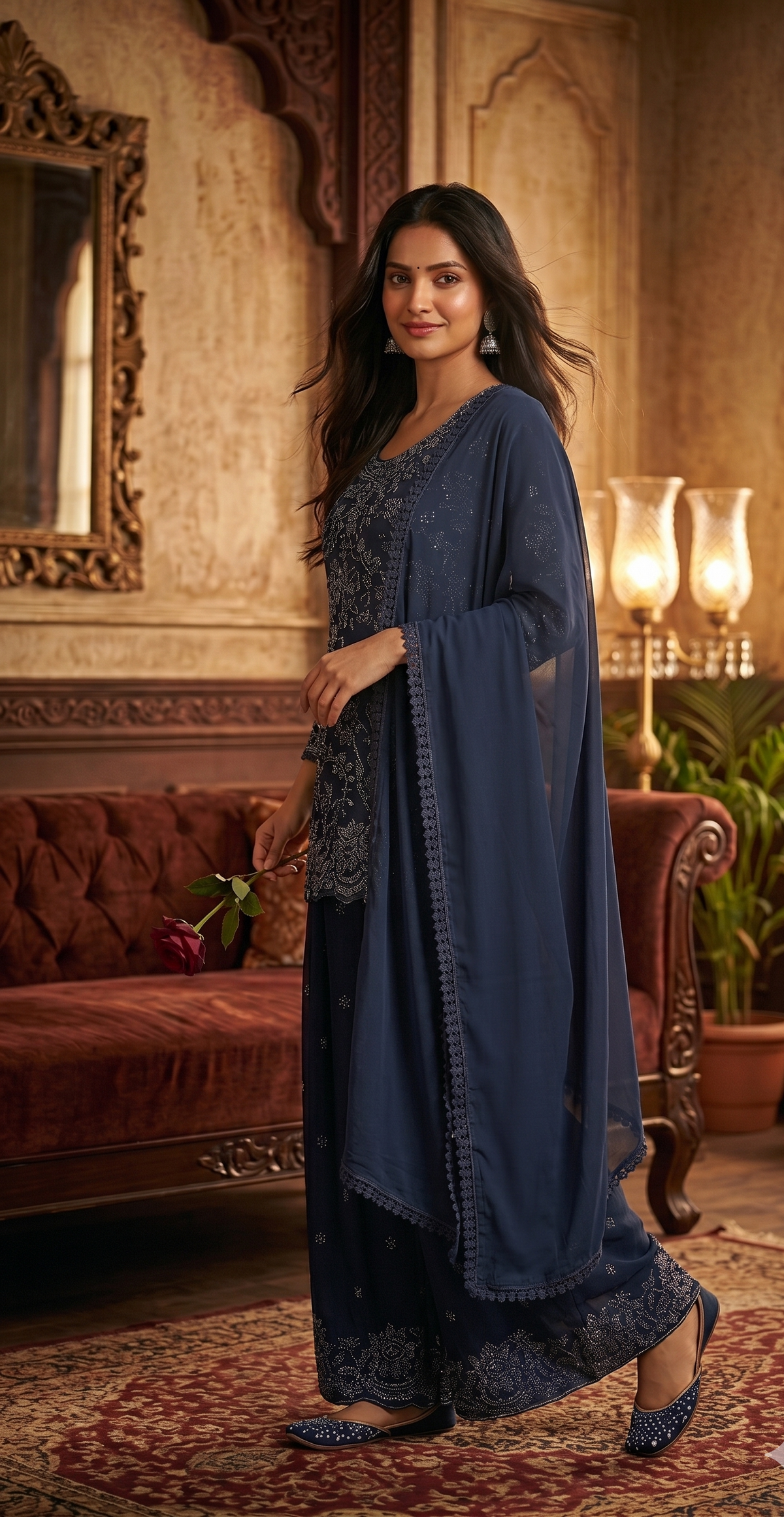 Navy Blue Silk Sharara Suit