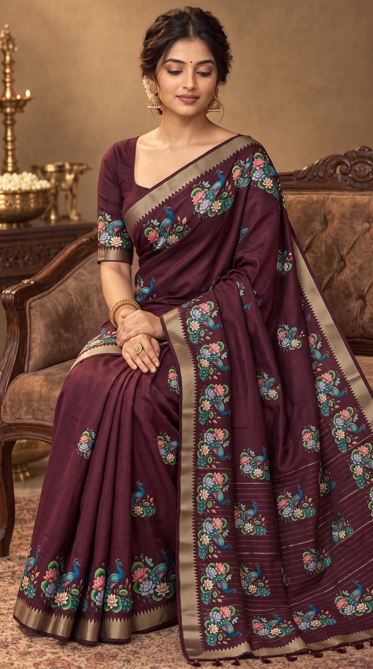 Wine Mangalgiri SIlk Saree