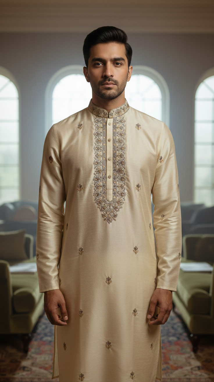 Champagne Motif Kurta Set