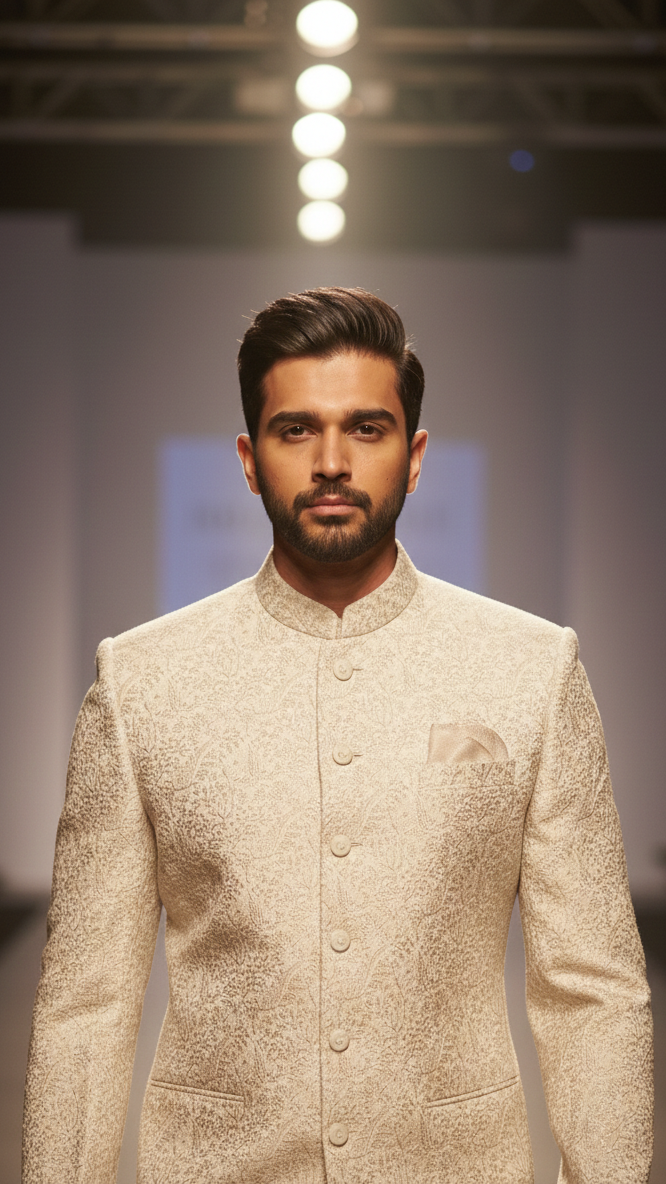 Cream Jackard Jodhpuri Set