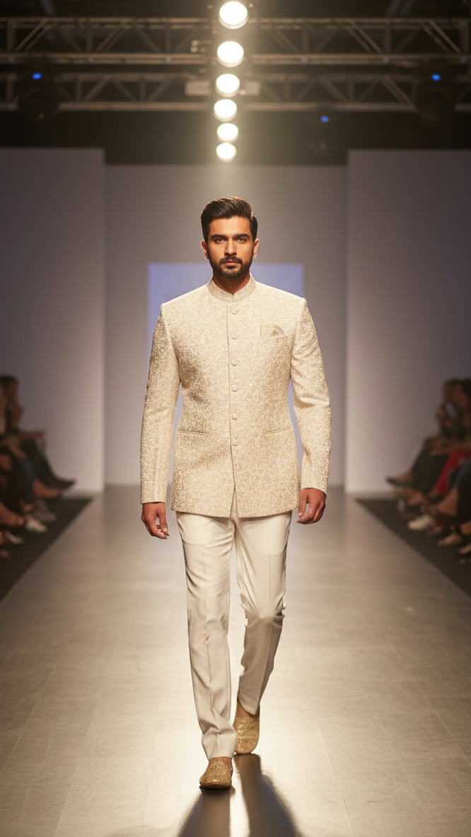 Cream Jackard Jodhpuri Set