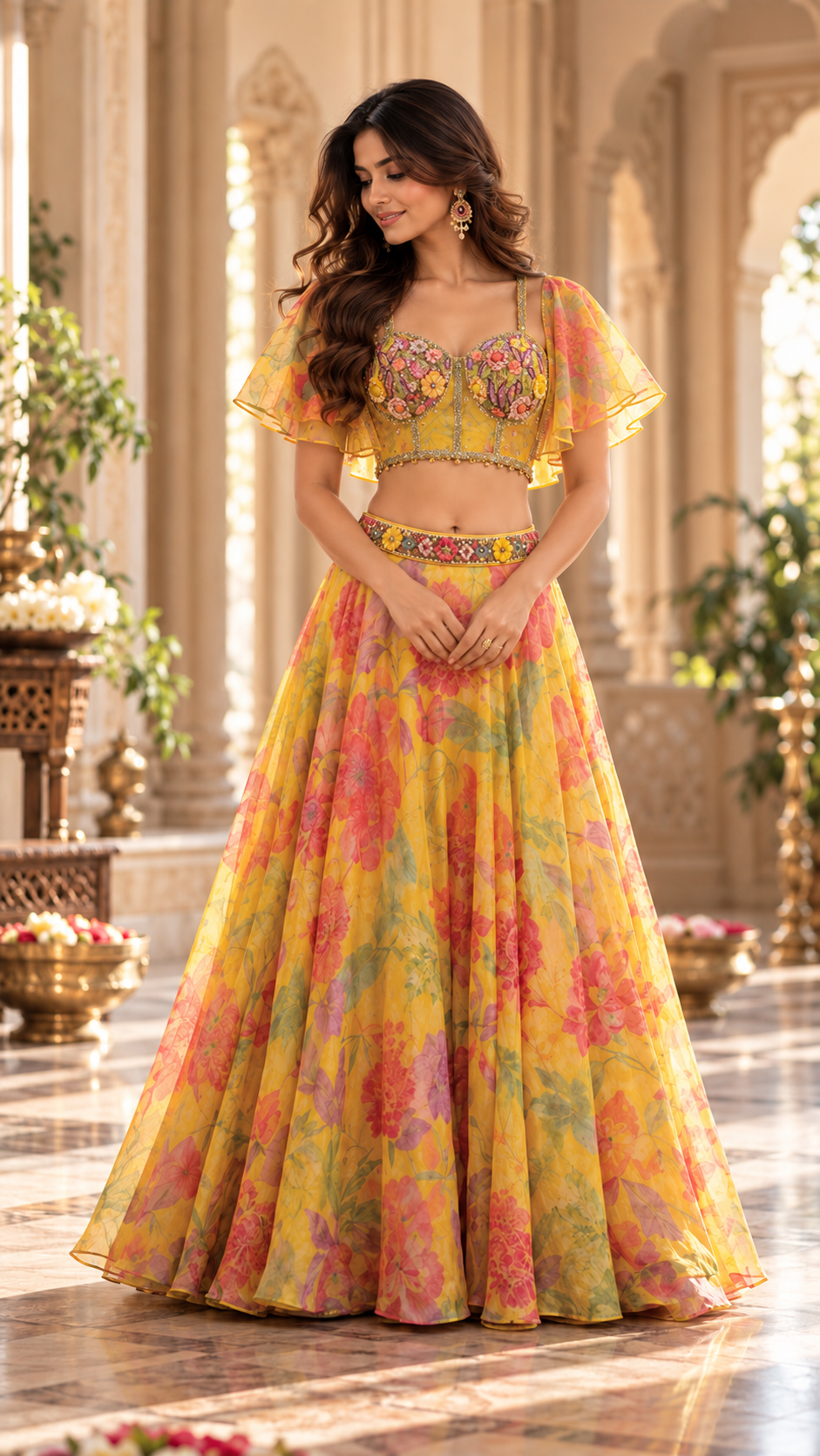 Yellow Floral Prnt Croptop Lehenga
