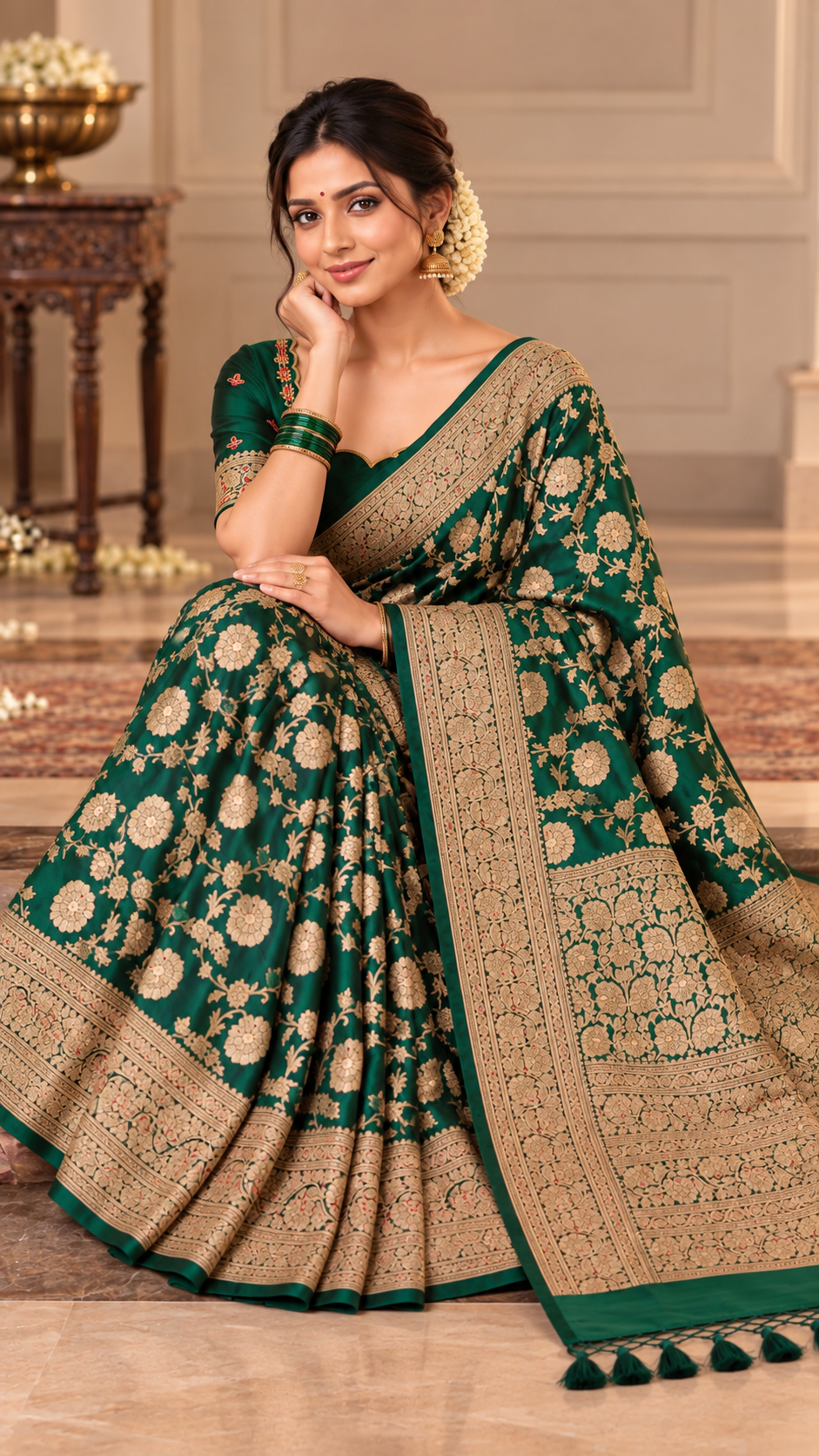 Bottle Green Banaras Katan Silk saree