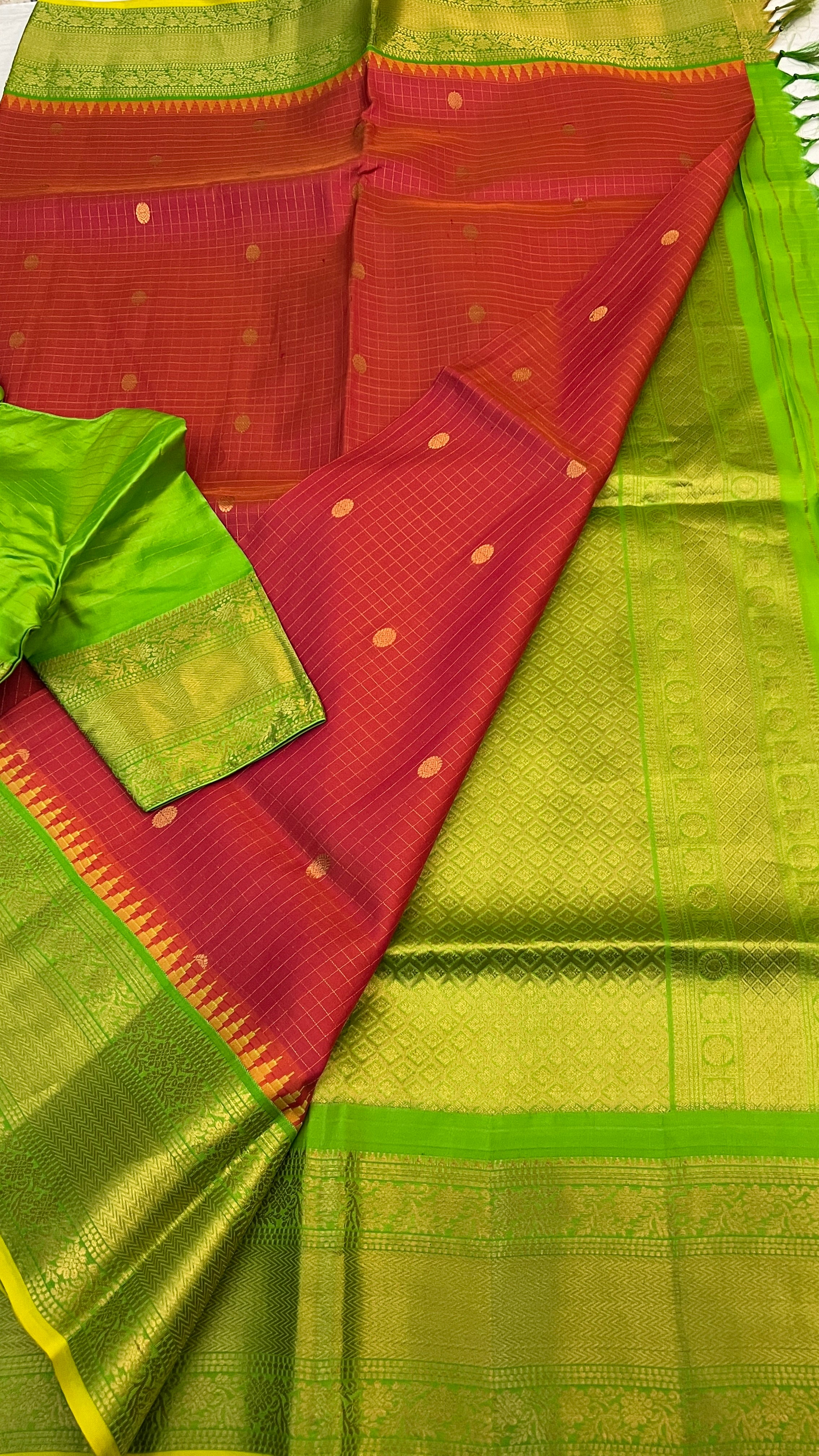 Brick Red & Green Gadwal Silk Saree