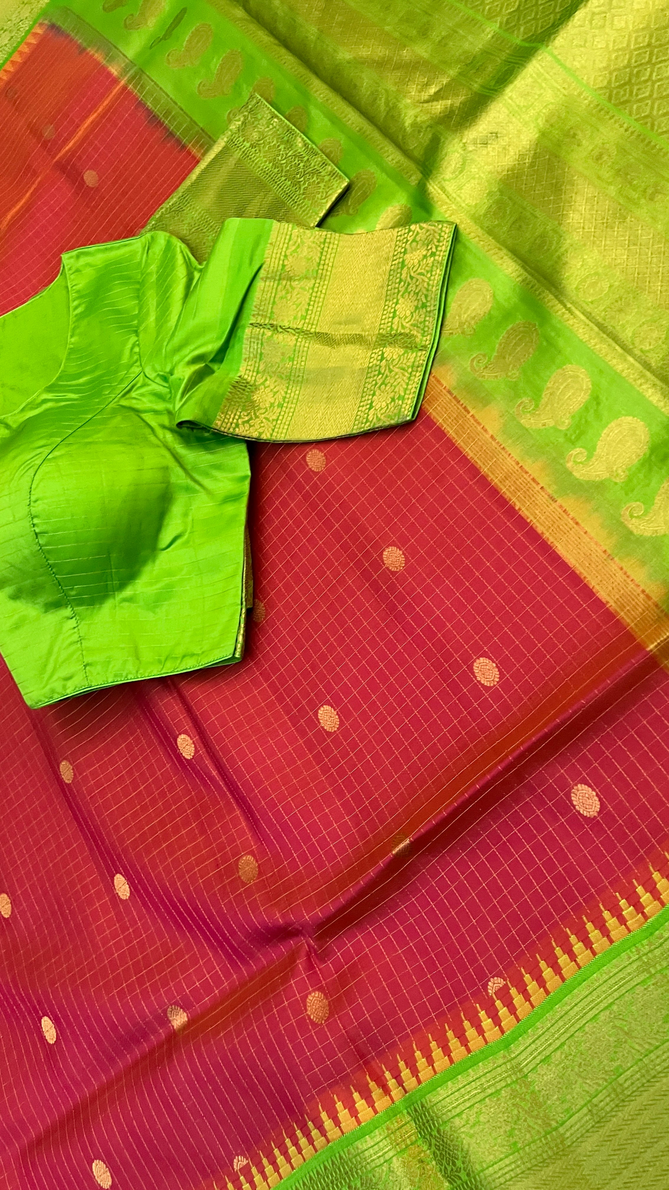 Brick Red & Green Gadwal Silk Saree