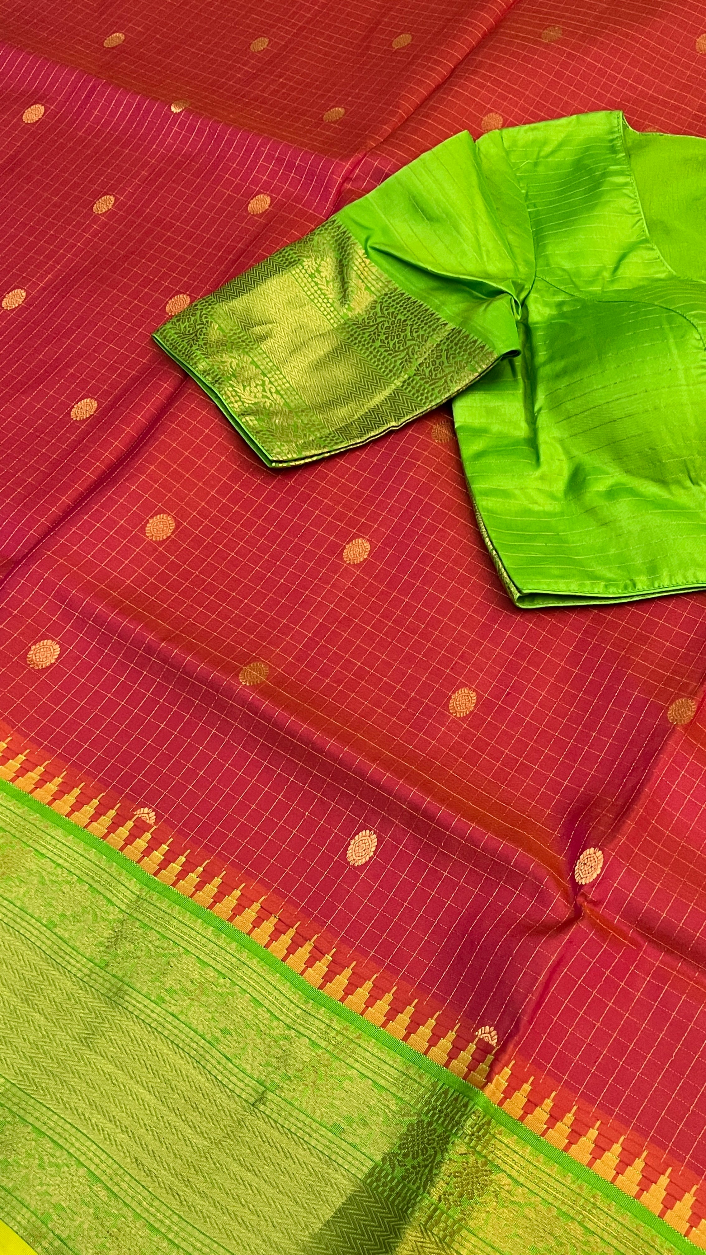 Brick Red & Green Gadwal Silk Saree