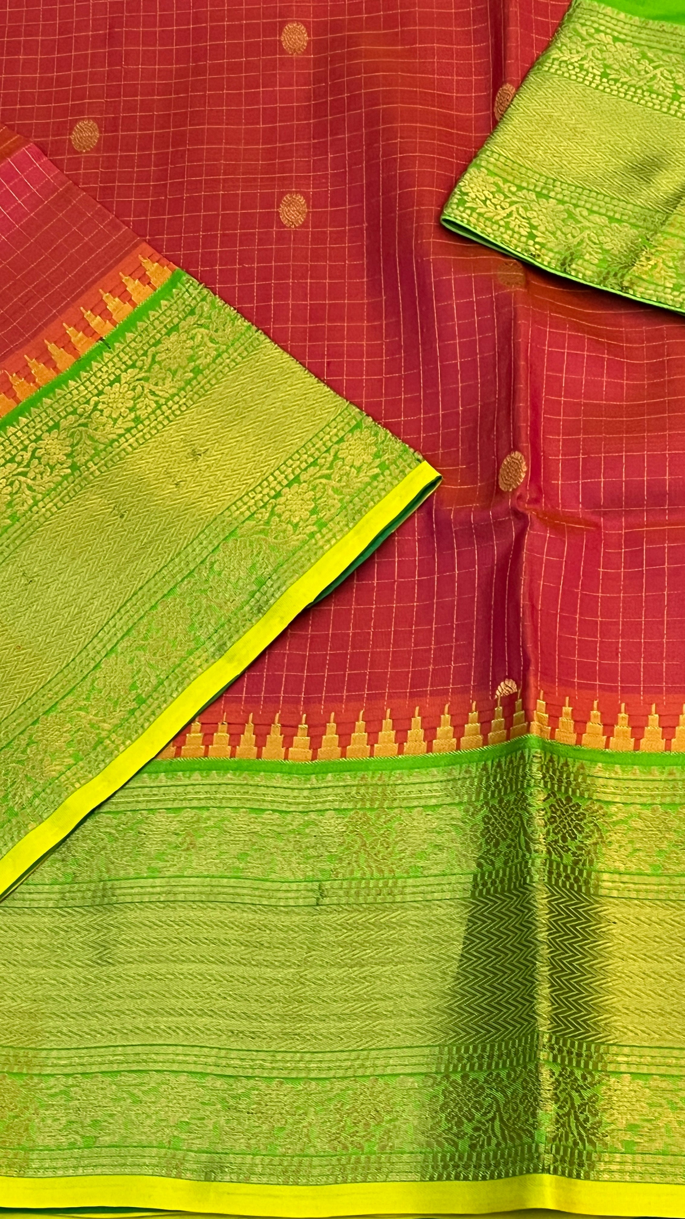 Brick Red & Green Gadwal Silk Saree