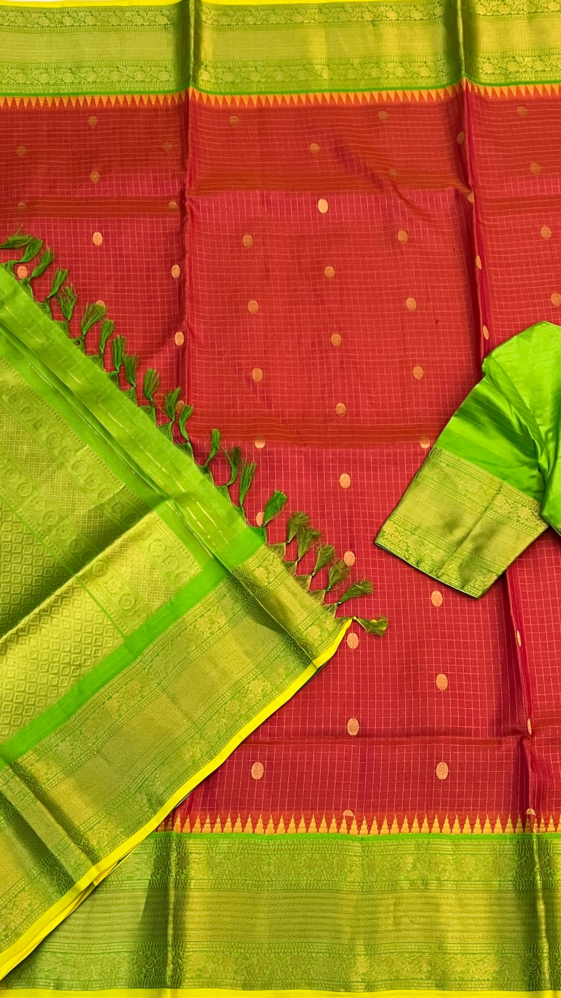 Brick Red & Green Gadwal Silk Saree