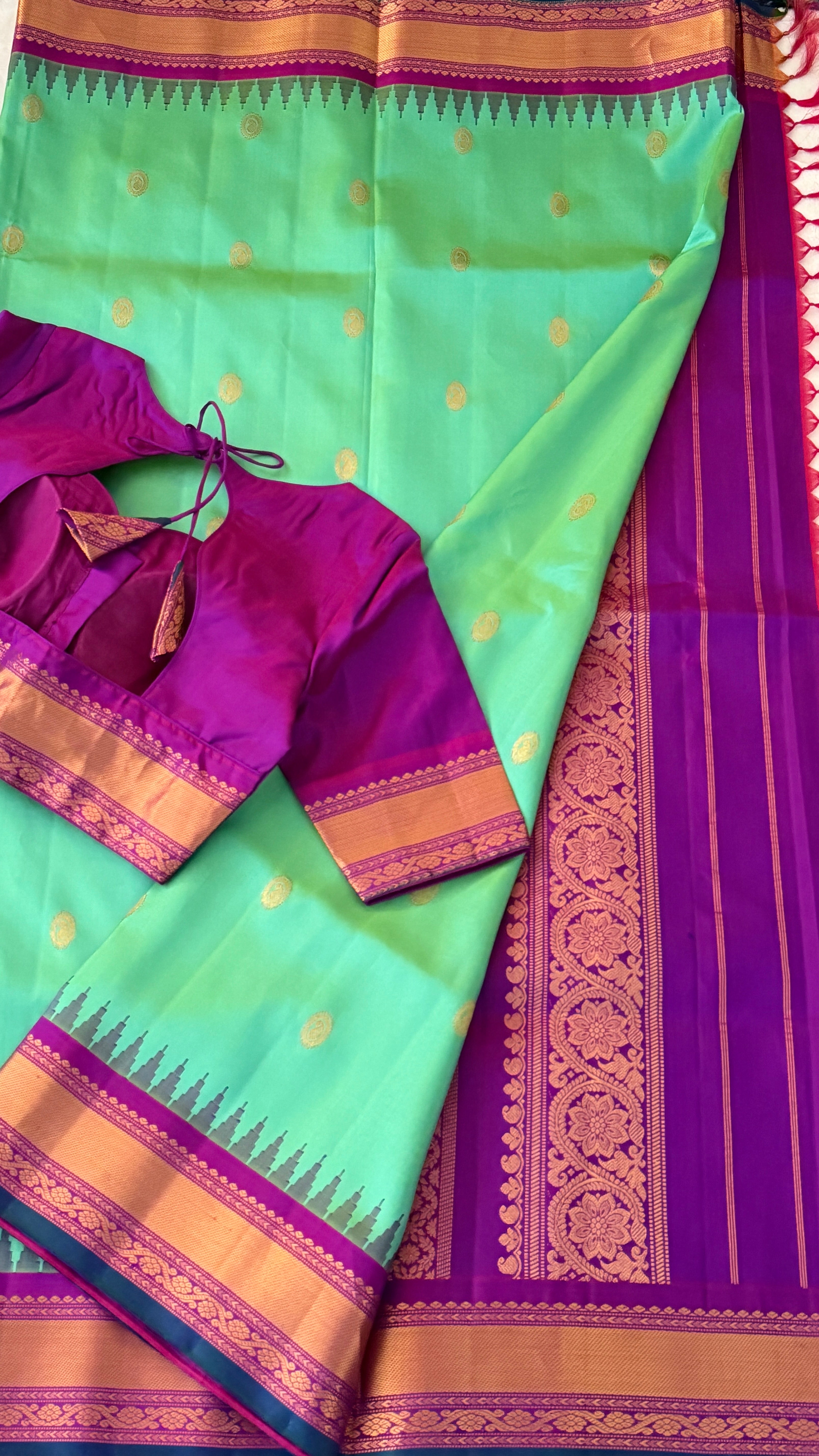 Sea Green & Purple Gadwal Silk Saree