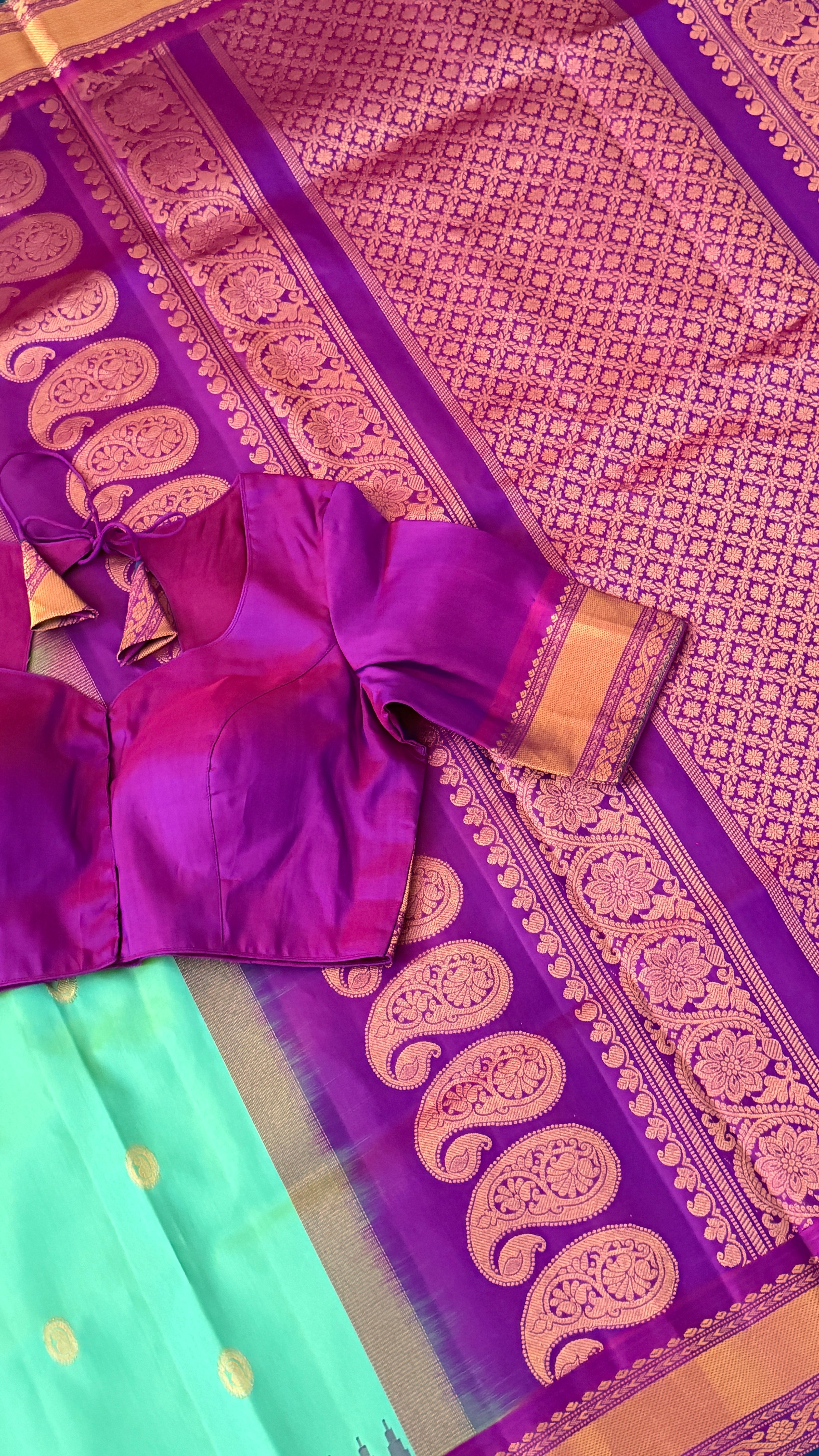 Sea Green & Purple Gadwal Silk Saree