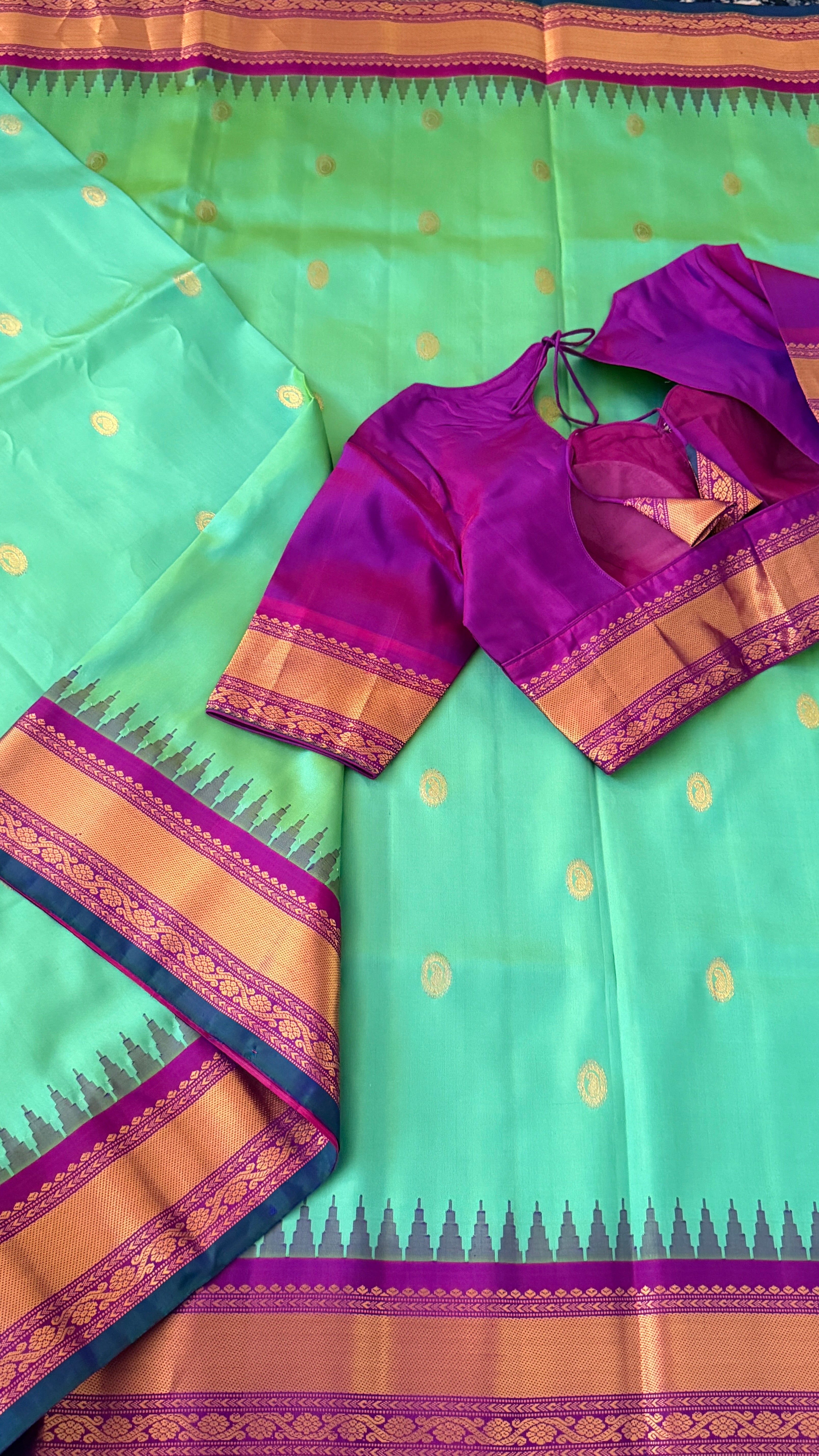 Sea Green & Purple Gadwal Silk Saree